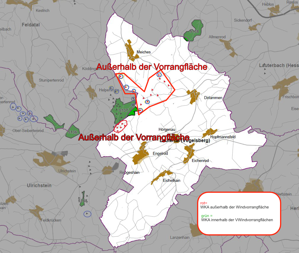 Karte Vorranggebiet Lautertal VB und Windkraftplanungen außerhalb der Vorranggebiete